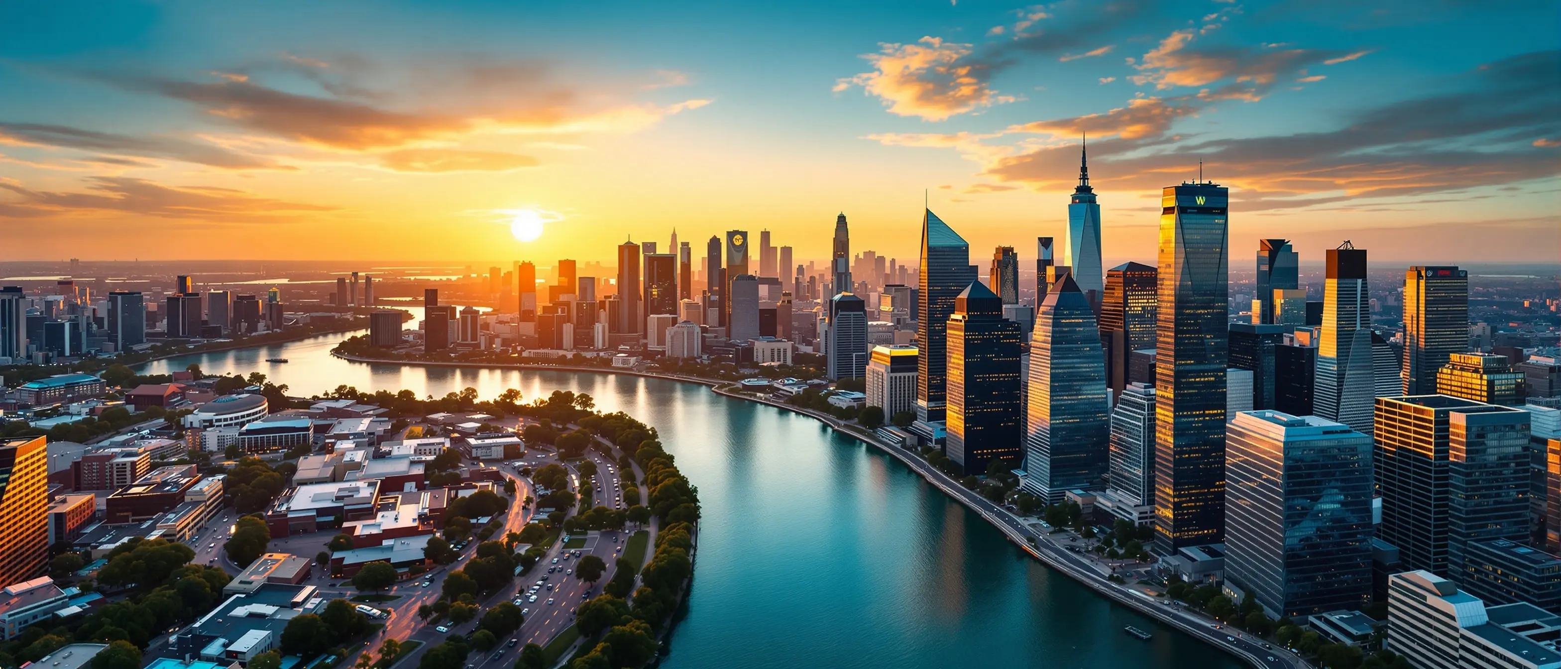 Aerial view of an American city at sunset with a teal river and warm gold light on glass office towers