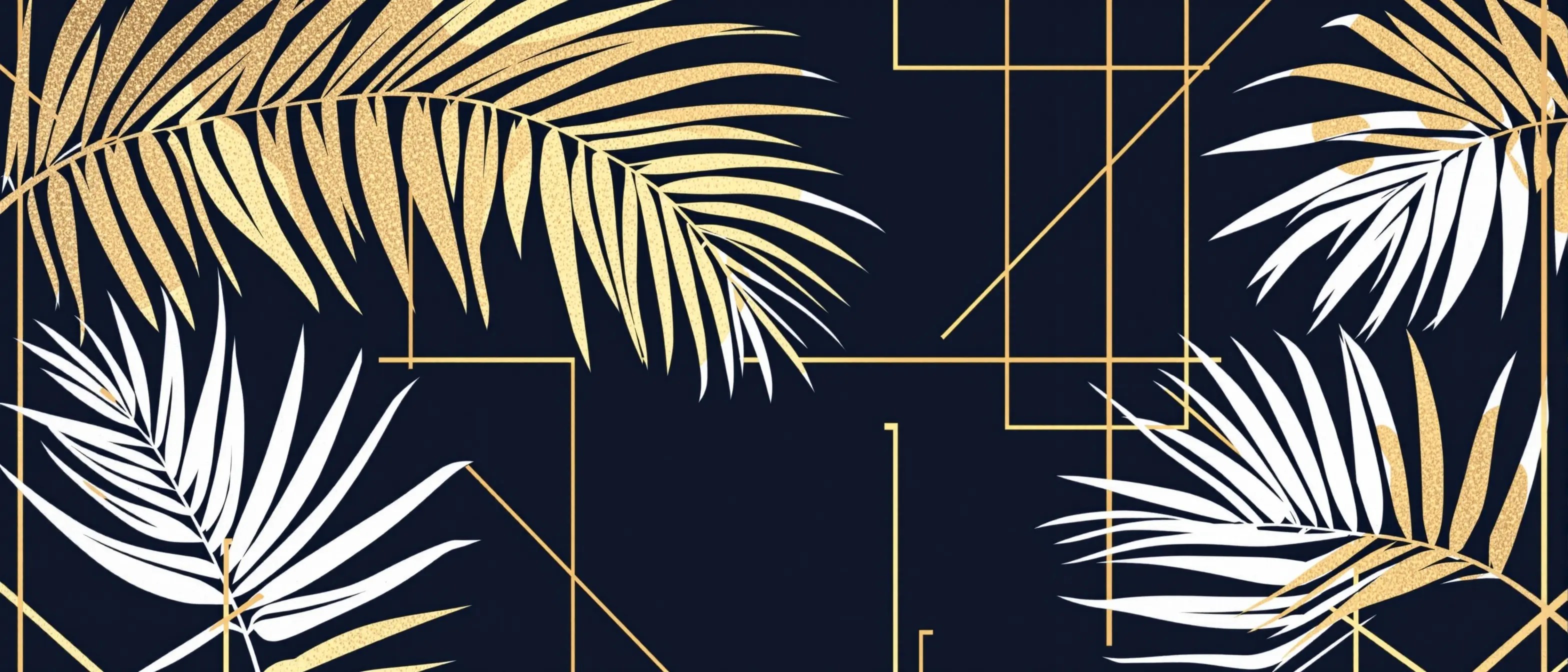 Abstract geometric pattern with subtle palm leaf silhouettes and fine gold grid lines on a dark navy background